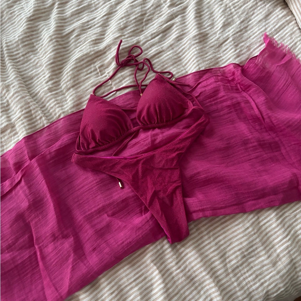 Monday swimwear pink sparkly bikini set and sarong